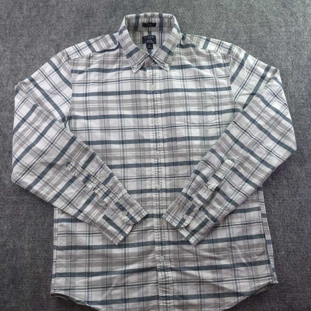 J Crew Flex Oxford Shirt Medium Slim Fit Gray Blue Green Plaid‎ Long Sleeve